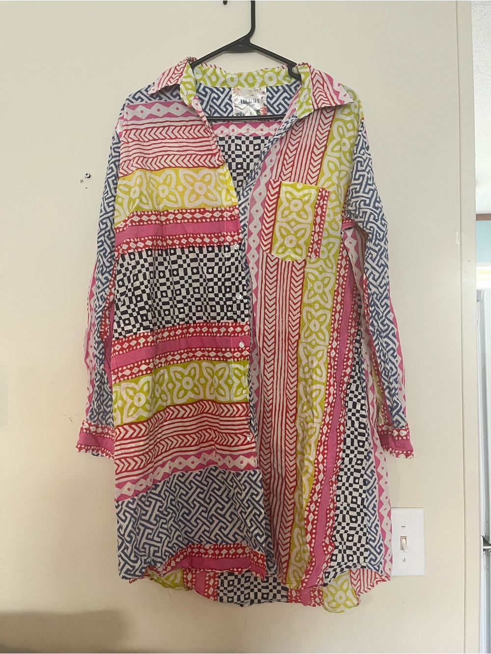 Colorful Mixed-Print Button-Up Tunic Dress- Floral Geometric Beach Pool Summer